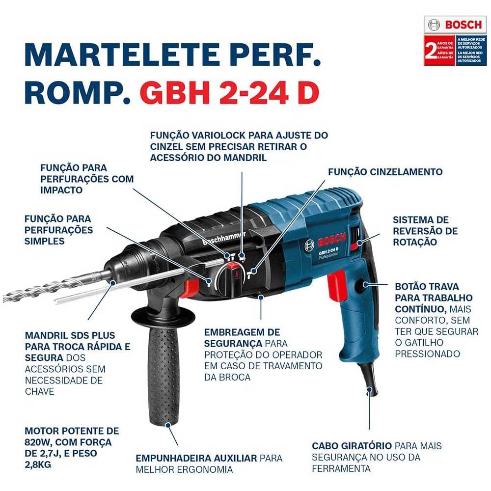 Martelete Perfurador Bosch GBH 2-24 D 820W 220V