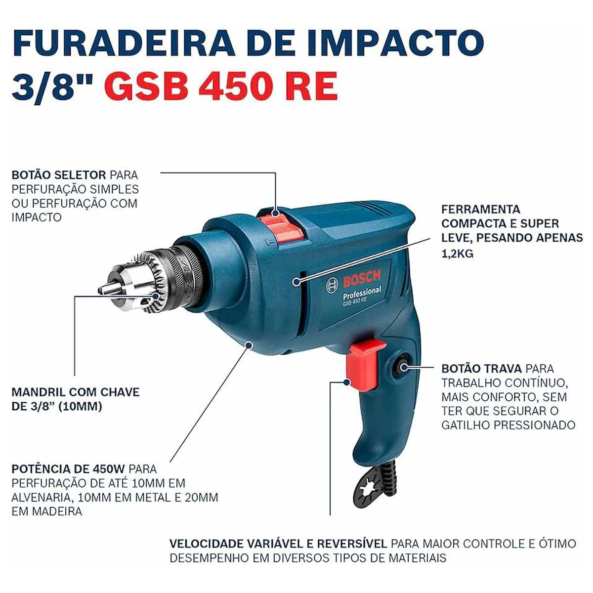 Furadeira Industrial Gsb 450 Re 3/8"" de Impacto Bosch