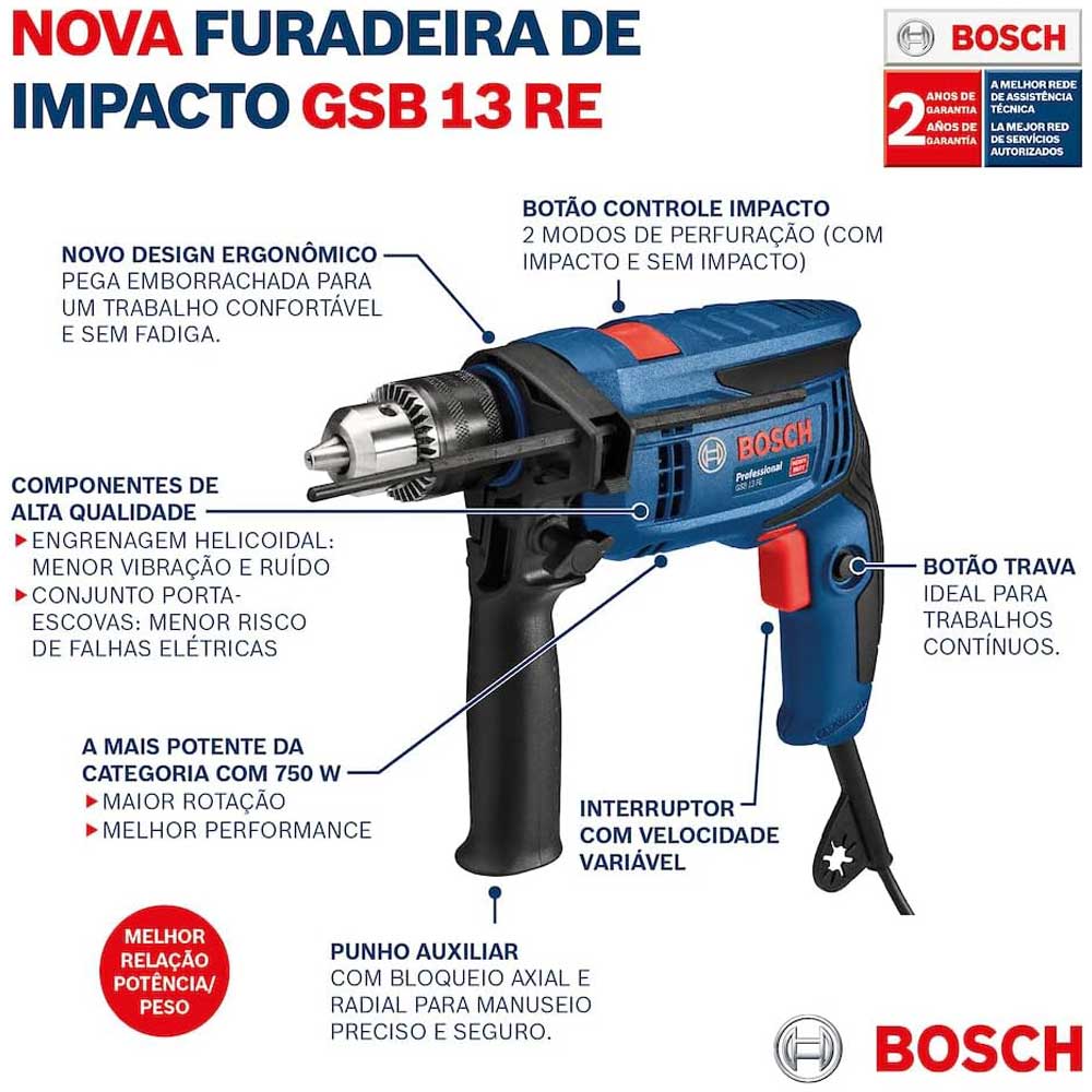 Furadeira Eletrica 13mm 1/2 GSB-13-RE Impacto 750W BOSCH