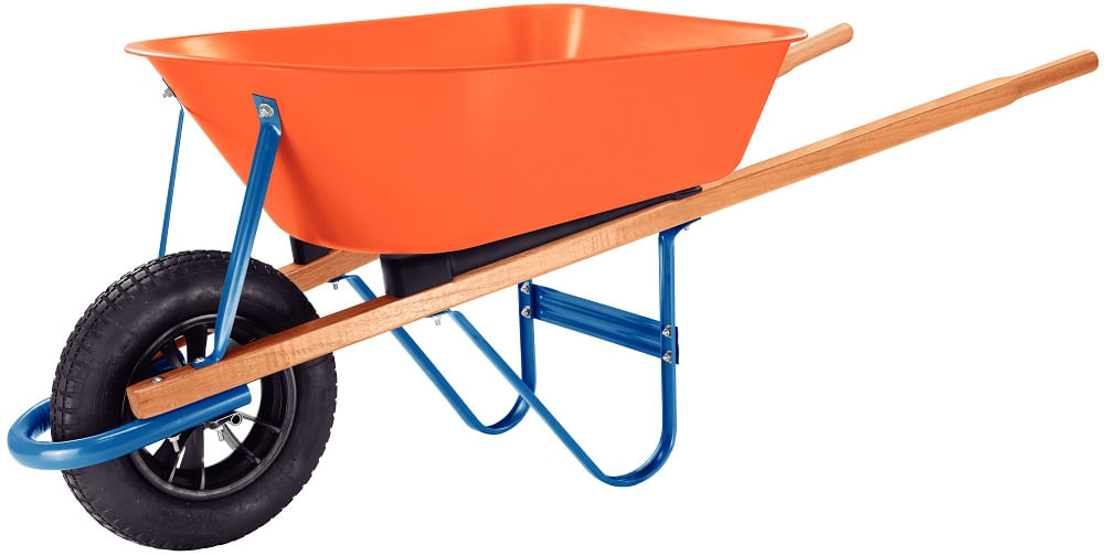 Carrinho de Mão Tramontina com Caçamba Funda Plástica Laranja 55 L, Braço de Madeira e Pneu com Câmara