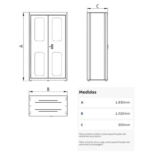 Armario Vertical De Metal Tramontina Cinza 2 Porta Visor +5 Gaveta