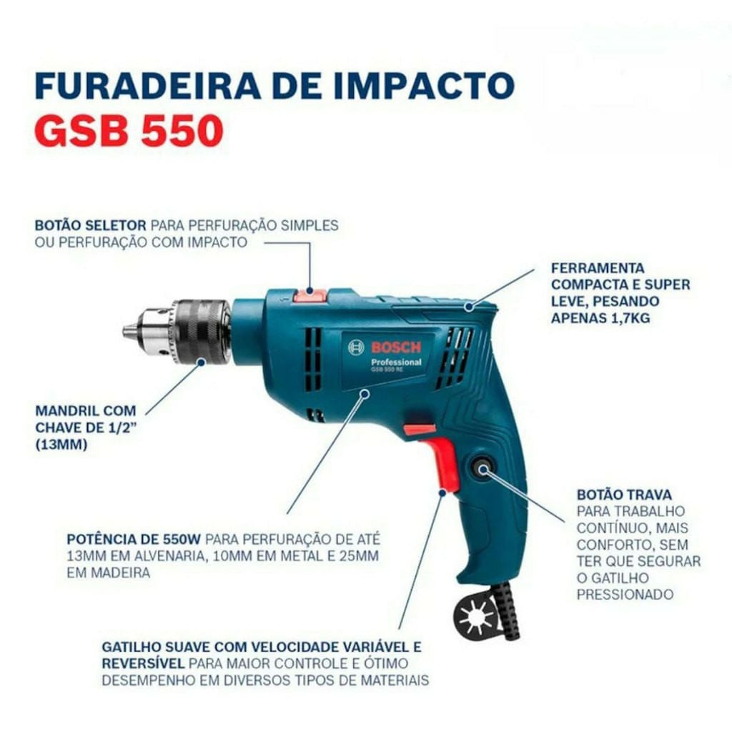 Furadeira de Impacto GSB 550 RE 550W  Bosch