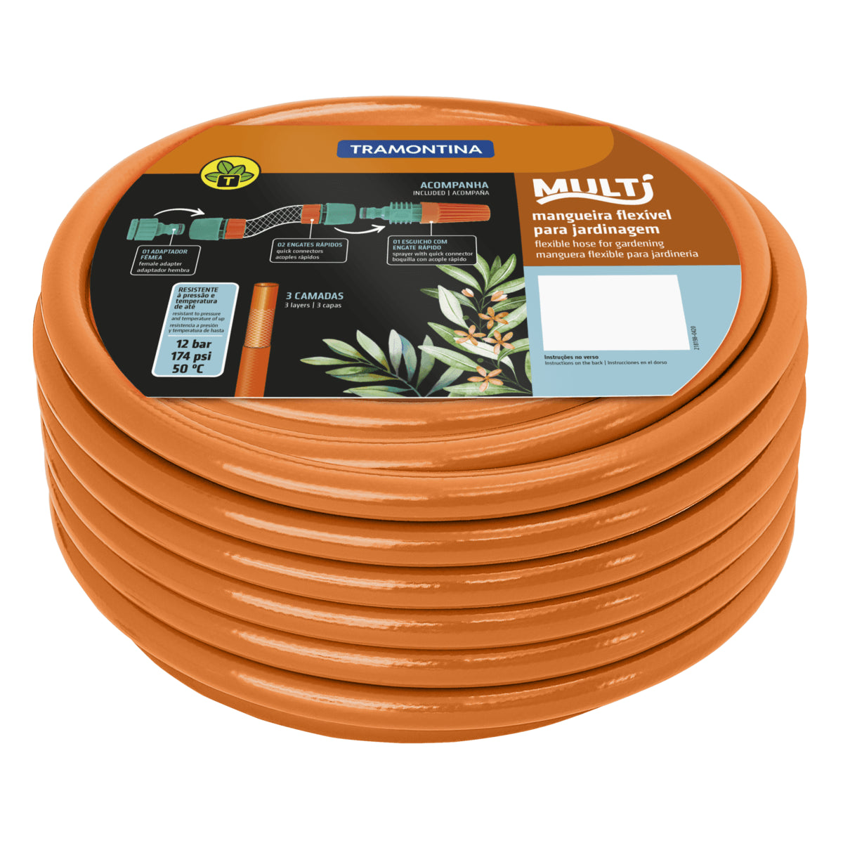 Mangueira Multi 1/2"" Laranja em PVC 3 Camadas 20 m Tramontina
