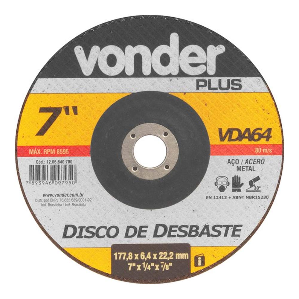Disco de Desbaste 07"X1/4"X7/8" para Metais VDA64 VONDER