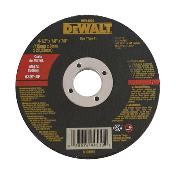 Disco Corte 04.1/2""X1/8x7/8"" Para Metal Dewalt