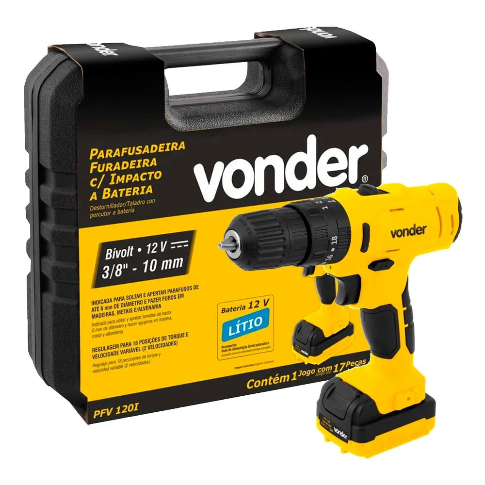 Parafusadeira/Furadeira Bateria Vonder 3/8 12,0V PFV120I Com Maleta+Bateria